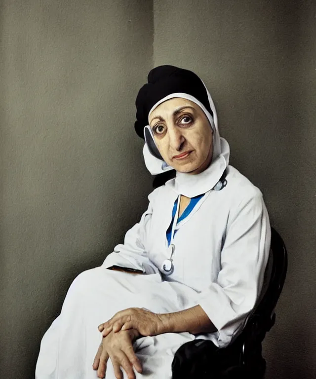 Image similar to a color photograph of the nurse marzieh zakeri in her workplace, by thomas ruff, out of place, intense, bold, hyperrealistic, ultra sharp, extra details, ultra high quality, trending on pinteresst