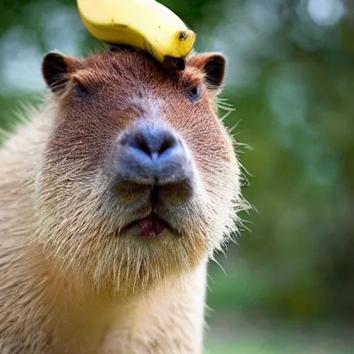 Prompt: capybara with a banana on its head