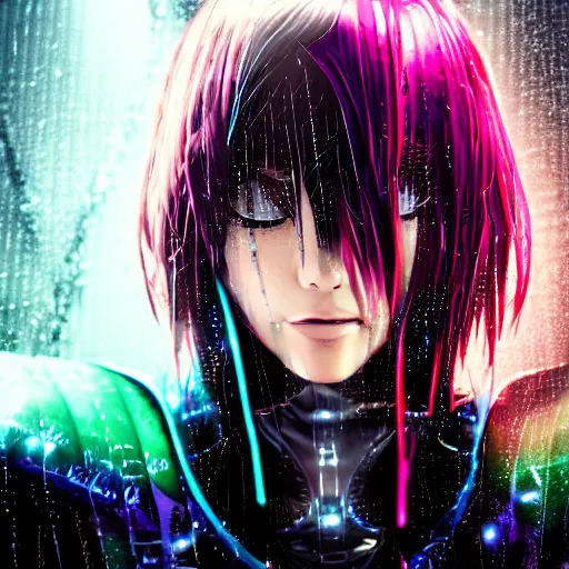 Image similar to anime woman portrait made out of rain, beautiful, stylish suit, cyberpunk background, neon, rendered in octane, unreal engine, matte painting, sharp focus, trending on artstation, futuristic, space, realistic