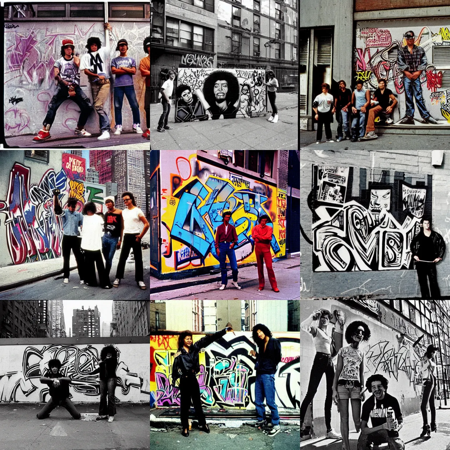 Prompt: 80's new york city photo of graffiti artists posing by their latest piece #photo #old-school