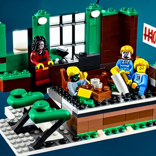 Prompt: set of lego of she hulk attorney at law in court, dark horror, cinematic and dramatic lighting