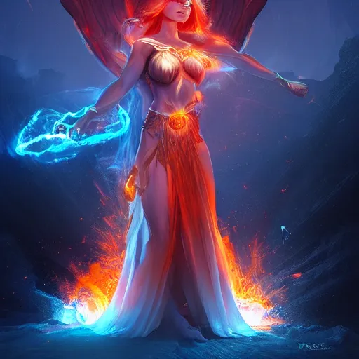 Image similar to beautiful goddess of fire stands in her power in a vortex of flame, 8k resolution matte fantasy painting, cinematic lighting, DeviantArt Artstation, by Ross Tran