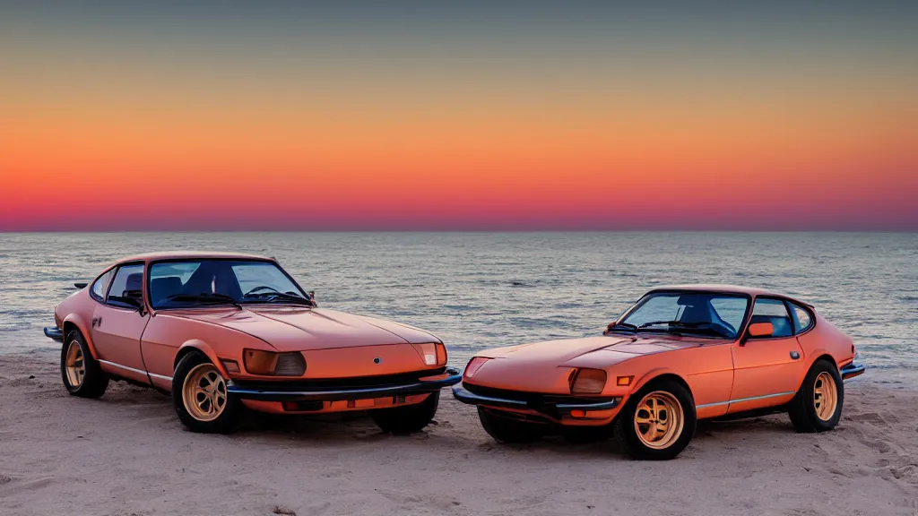 Image similar to synthwave datsun 2 4 0 z at sunset, on the beach, 8 k. filling of the view