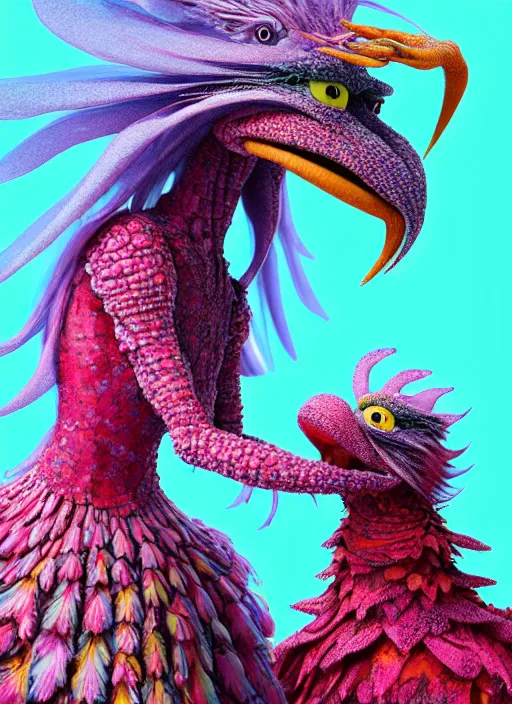 Image similar to hyper detailed 3d render like a Oil painting - kawaii portrait of two Aurora (a beautiful skeksis muppet fae princess protective playful expressive from dark crystal that looks like Anya Taylor-Joy) seen red carpet photoshoot in UVIVF posing in scaly dress to Eat of the Strangling network of yellowcake aerochrome and milky Fruit and His delicate Hands hold of gossamer polyp blossoms bring iridescent fungal flowers whose spores black the foolish stars by Jacek Yerka, Ilya Kuvshinov, Mariusz Lewandowski, Houdini algorithmic generative render, golen ratio, Abstract brush strokes, Masterpiece, Edward Hopper and James Gilleard, Zdzislaw Beksinski, Mark Ryden, Wolfgang Lettl, hints of Yayoi Kasuma and Dr. Seuss, octane render, 8k