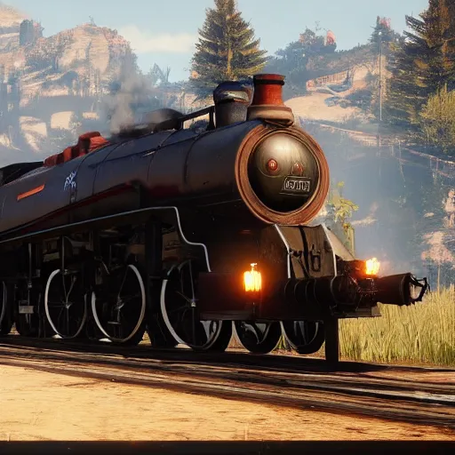 Image similar to futuristic sleek steam locomotive in red dead redemption 2