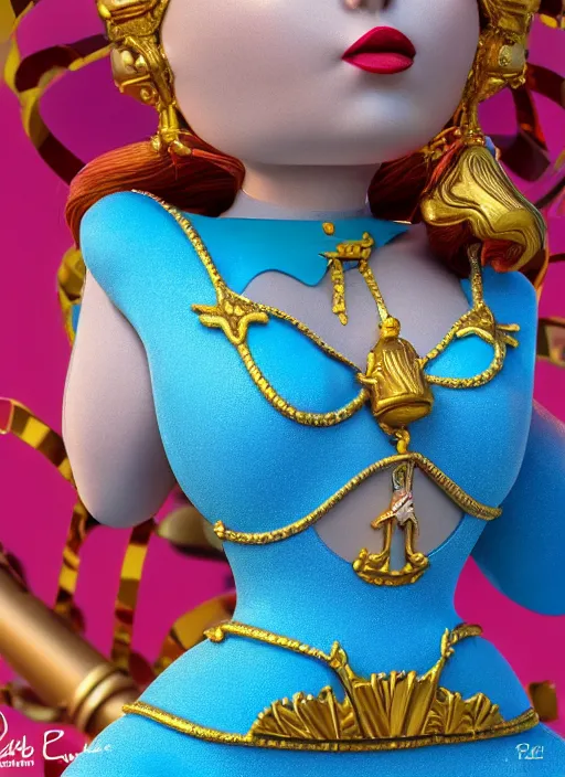 Image similar to closeup face profile portrait of a tin toy fairytale princess wearing a crown eating cakes, bikini, depth of field, zeiss lens, detailed, symmetrical, centered, fashion photoshoot by dan decarlo, bob clampett, bill ward, max fleischer hyperrealistic, octane render