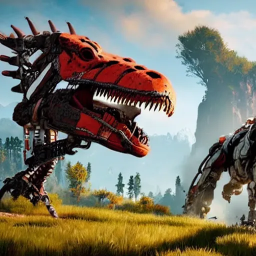 Image similar to cinematic still of horizon zero dawn, si - fi robotic tyrannosaurus rex, highly detailed