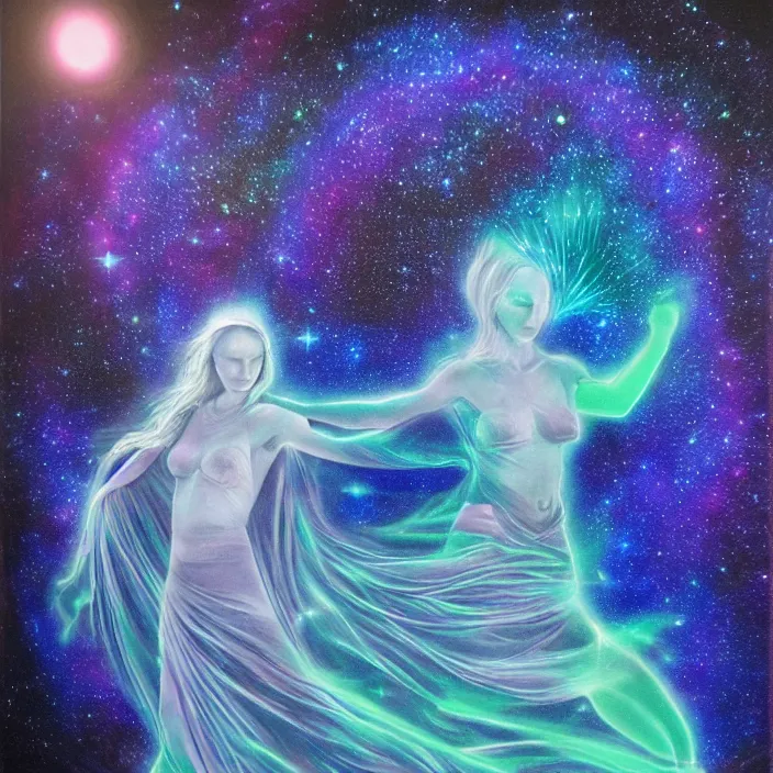 Image similar to the rise of the divine feminine energy, dark negative space, bioluminescent light surrounding the energy, aurora in the universe, cosmos, divine power energy, light force, hyper - realistic, highly detailed, mystical, sharp focus, realistic, sci - fi, the awakening of the divine energy