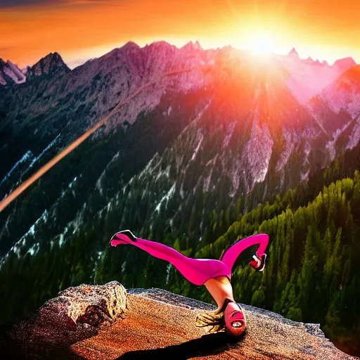 Prompt: A photorealistic image of an athletic woman in nikini in a freefall on terminal speed in front of courchevel mountains in an astonishing sunset, vivid color, high quality, high textured