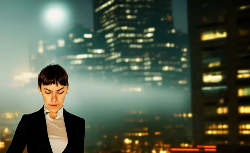 Image similar to a wide shot of a woman with a wool suit, very short hair, blurred face, wearing an omega speedmaster on her wrist in front of a crowded dystopian city full of people walking at night with fog and cyberpunk lights