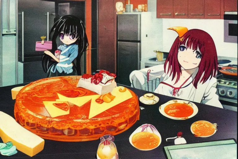 Prompt: anime catgirl and cheese aspic, cookbook photo 1 9 8 2,