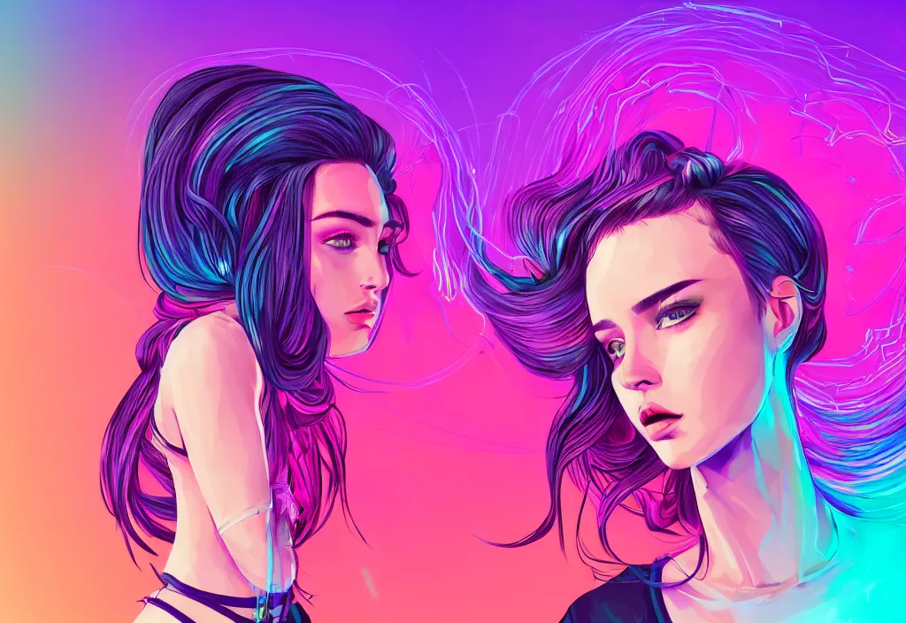 Image similar to a award winning half body portrait of a beautiful woman in a croptop and cargo pants with ombre purple pink teal hairstyle surrounded by whirling illuminated lines, outrun, vaporware, shaded flat illustration, digital art, trending on artstation, highly detailed, fine detail, intricate