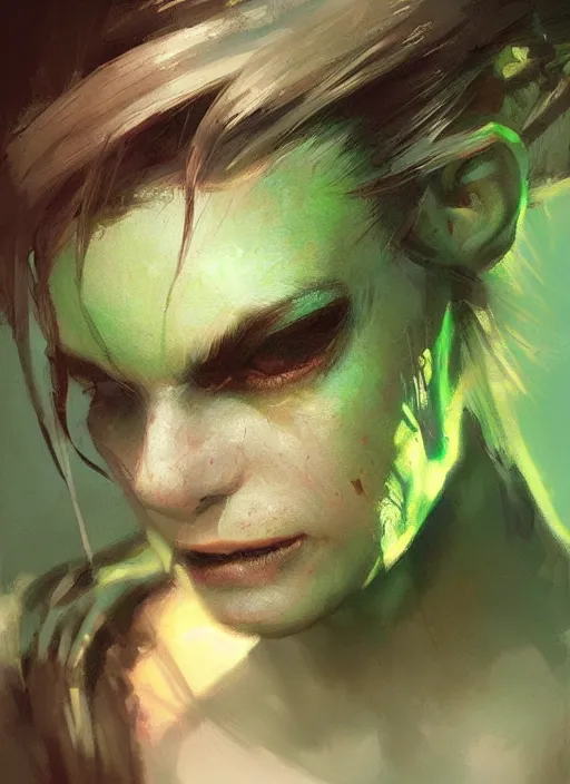 Image similar to green orc female, light green tone beautiful face, by jeremy mann, by greg rutkowski, by wlop, digital painting