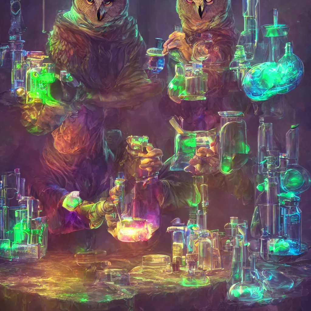 Prompt: an owl - sorcerer mixing colored liquids in vials in his science lab, photorealistic character concept artstation