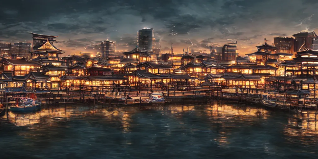 Prompt: photorealistic image of a japanese harbor at midnight, beautiful lighting, extremely intricate, hyper detailed, hd, masterpiece