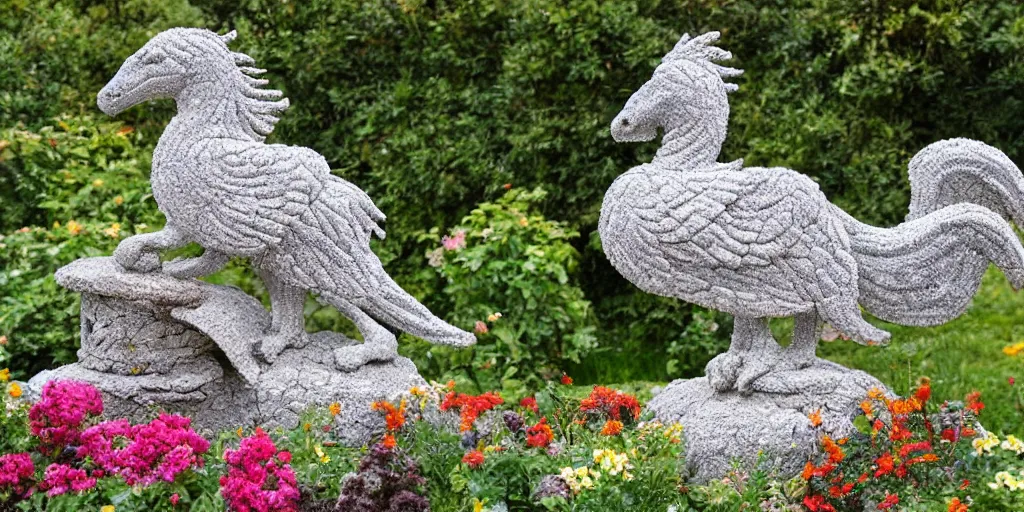 Prompt: extremely detailed pebble mosaic statue, of a griffin, in an english cottage style flower garden