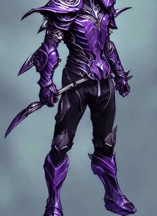 Image similar to Full body portrait of a handsome elven aristocrat with short hair wearing purple heavy armor. In style of Yoji Shinkawa and Hyung-tae Kim, trending on ArtStation, dark fantasy, great composition, concept art, highly detailed, dynamic pose.