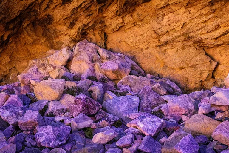 Prompt: rocks falling off a cliff in the evening, purple glow