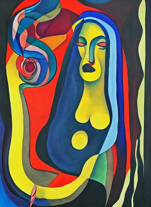 Prompt: surrealism, abstract, a dark witch in front of the full big moon, painting by agam yaacov, gertrude