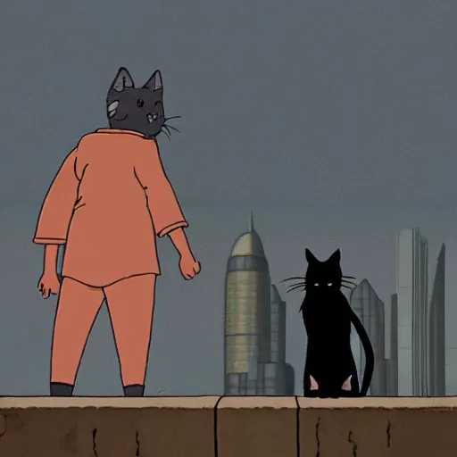 Image similar to an anthropomorphic black cat and pug dog who are in love and holding hands while looking out over a city, Miyazaki, studio ghibli