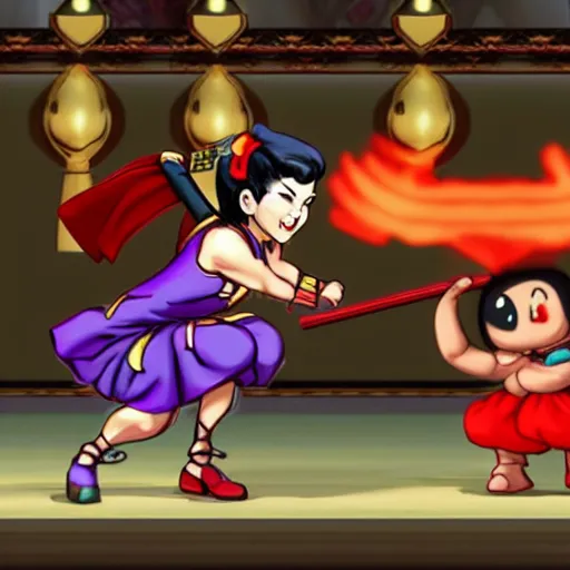 Image similar to chun li stomping a goomba with a pogo stick.