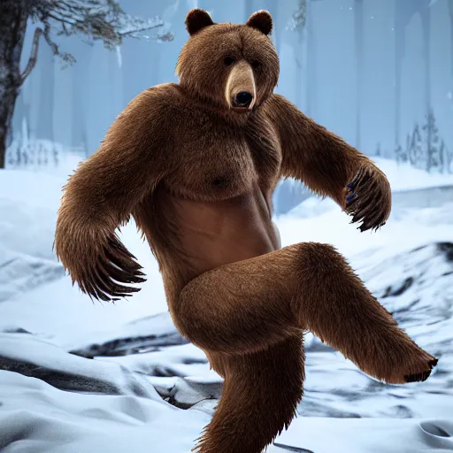 Prompt: man transforming into an anthro bear at night, full body, hyper realistic, hyper detailed, 8 k, unreal engine, realistic brown fur, full moon background, ray tracing