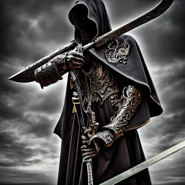 Image similar to armoured grim reaper with ornate scythe, highly detailed, 4 k, hdr, close up, portrait, smooth, sharp focus, high resolution, award - winning photo