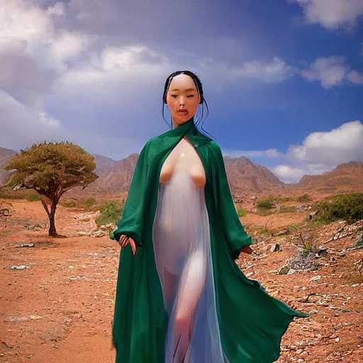 Prompt: beautiful oriental girl walks around Socotra among endemic plants, flowers and snags in a long transparent flowing dress and meets mystical animals, mystical insects, mystical birds, lizards, snakes, gorgeous, Atmosphere, hypnotic dimensions, mythology, Rococo, photorealism, in the style of Jin Kagetsu, James Jean and wlop, Valentin Serov style, Hieronymus Bosch style, Zdzislaw Beksinski style, hyperrealistic, sharp focus, intricate concept art, digital painting, ambient lighting, 4k, hdt, artstation trending on Gsociety, trending on ArtstationHQ, trending on deviantart, professionally post-processed, wide-angle action dynamic portraithyperdetailed, hyper quality, 16K