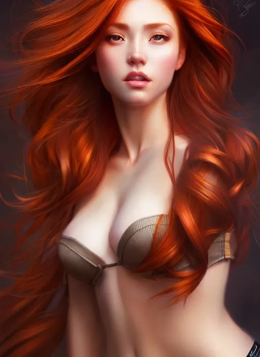 Prompt: a gorgeous female with long auburn hair in the style of stefan kostic, realistic, full body shot, wide angle, sharp focus, 8 k high definition, insanely detailed, intricate, elegant, art by stanley lau and artgerm, floating embers