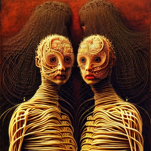 Image similar to siamese twins made of spaghetti, intricate armor made of spaghetti fractals, ancient warrior, samurai style, by giuseppe arcimboldo and ambrosius benson, renaissance, intricate and intense oil paint, a touch of beksinski, realistic