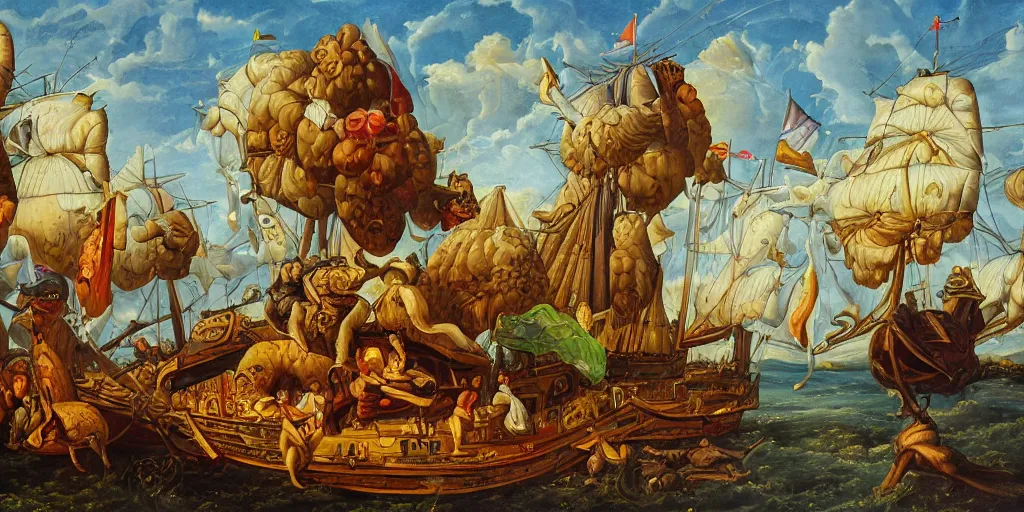 Prompt: refined dutch golden age oil painting pop surreal masterpiece in the style of robert williams,