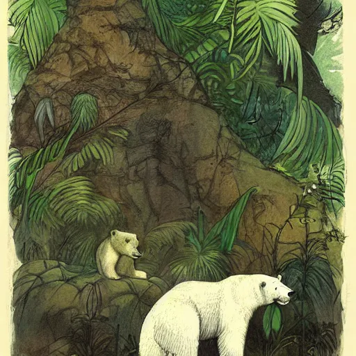 Prompt: illustration of a polar bear and a butterfly living together in the middle of a dense jungle, illustration by Irish fairy tales James Stephens author rackham