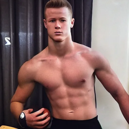 Image similar to “ a realistic detailed photo of a guy who is an attractive humanoid who is half robot and half humanoid, who is a male android, football player christian mccaffrey, shiny skin, posing like a statue, blank stare, on the bed, on display ”