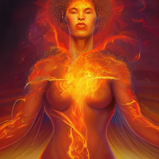 Image similar to A beautiful painting of a female cosmic being with flames as her body by Jim Burns, 8K, ultra-detailed , Trending on artstation.