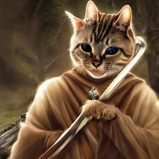 Image similar to if cats were loud if the rings characters, lotr, cats, cats dressed in lotr costumes, hobbits, gandalf, elves, dwarves, 4 k, hyper realistic, artstation