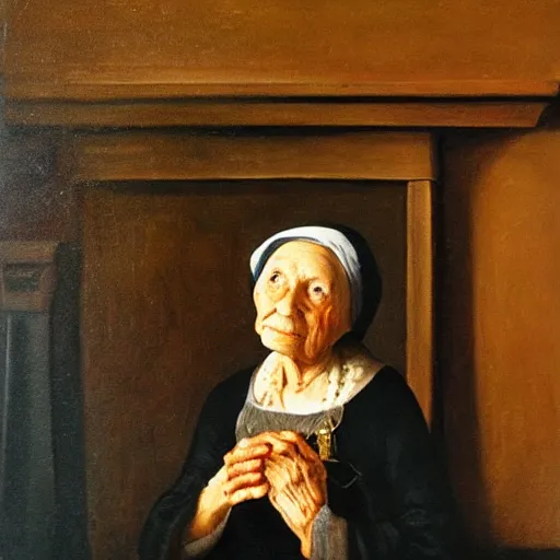 Prompt: beautiful old witch next to the hearth, face lit up by firelight, Dutch masters portrait, historical painting