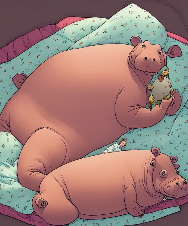 Image similar to hippo lying in bed, half covered blanket, centered composition, digital painting, artstation, concept art, kids book illustration, sharp focus, octane render, illustration, art by geof darrow,