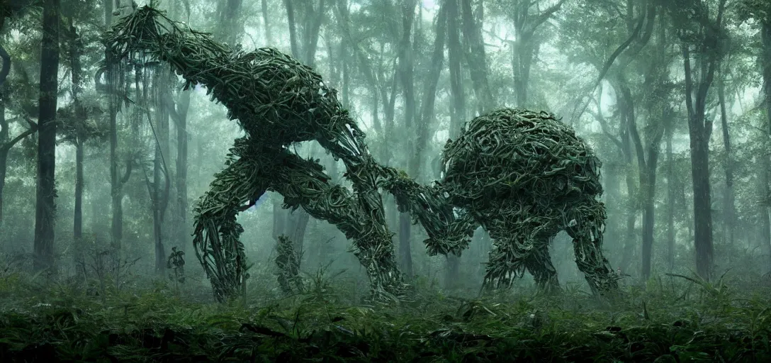 Image similar to a complex organic fractal 3 d metallic symbiotic ceramic humanoid megastructure creature in a swampy lush forest, foggy, cinematic shot, photo still from movie by denis villeneuve, wayne barlowe, taken with a disposable camera