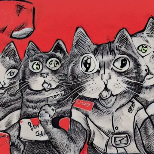 Image similar to riot of communist cats drawn as communist propaganda