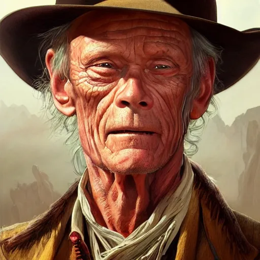 Image similar to a man, lance henriksen, cowboy hat, portrait, wild west, fantasy, highly detailed, digital painting, artstation, concept art, sharp focus, illustration, art by artgerm and greg rutkowski and alphonse mucha