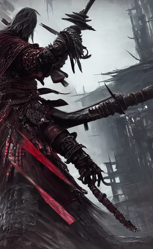 Image similar to an ultrawide photo of cyberpunk samurai with double sword, bloodborne concept art, 4 k