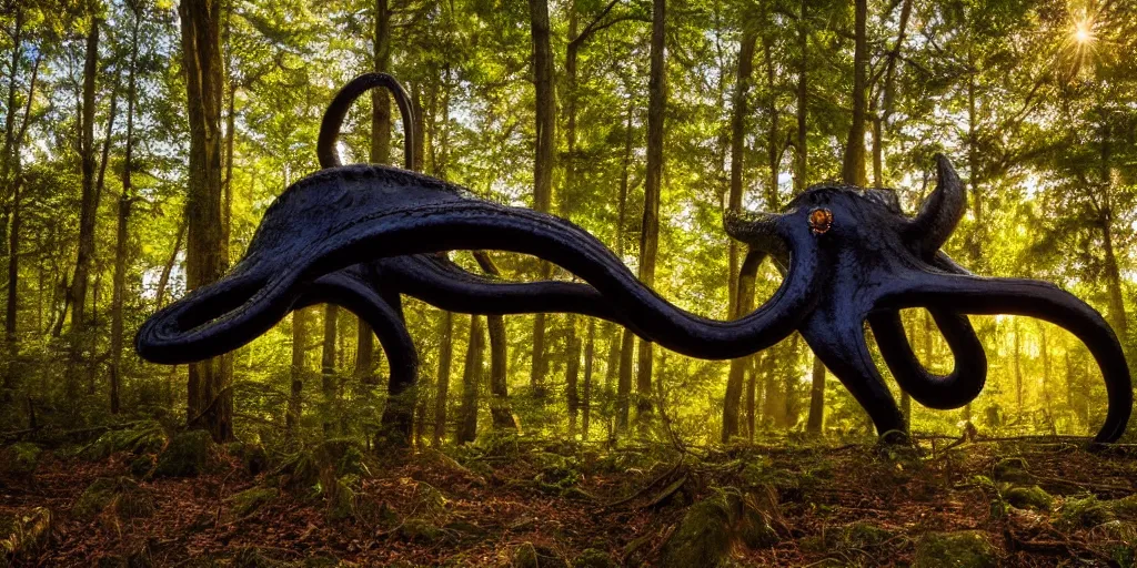 Image similar to a highly detailed giant black octopus god floating in the middle of a forest, beautiful ambient light, sun rays hitting the slightly transparent creature, golden hour, 8k photography