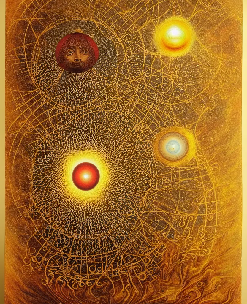 Image similar to a golden child radiates a unique canto'as above so below'while being ignited by the spirit of haeckel and robert fludd, breakthrough is iminent, glory be to the magic within, in honor of jupiter's day, painted by ronny khalil