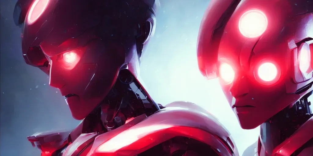 Prompt: beautiful ai robot realistic portrait of anime character, detailed eyes, manly face, crimson red aura, digital fantasy, art by greg rutkowski, aesthetic in 8 k