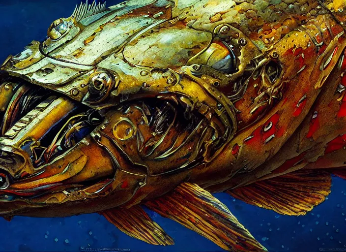 Prompt: macro closeup robotic pike fish, glowing veins, subsurface scattering, underwater, boston dynamics, by gerald brom, by mikhail vrubel, by peter elson, muted colors, extreme detail, trending on artstation, 8 k