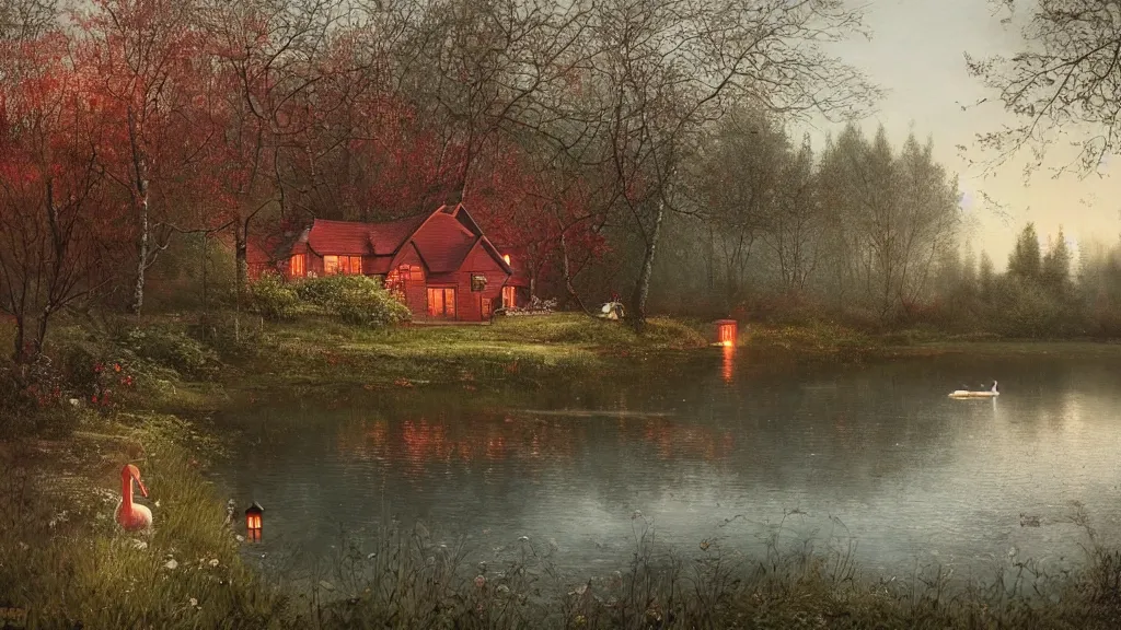 Prompt: small red wooden cottage by the lake, lanterns in the front of the cottage, smoke coming out of the chimney, dusk, birch trees, tranquility, two swans swimming in the lake, two swans, a wooden rowing boat, by Greg Rutkowski, by Charlie Bowater