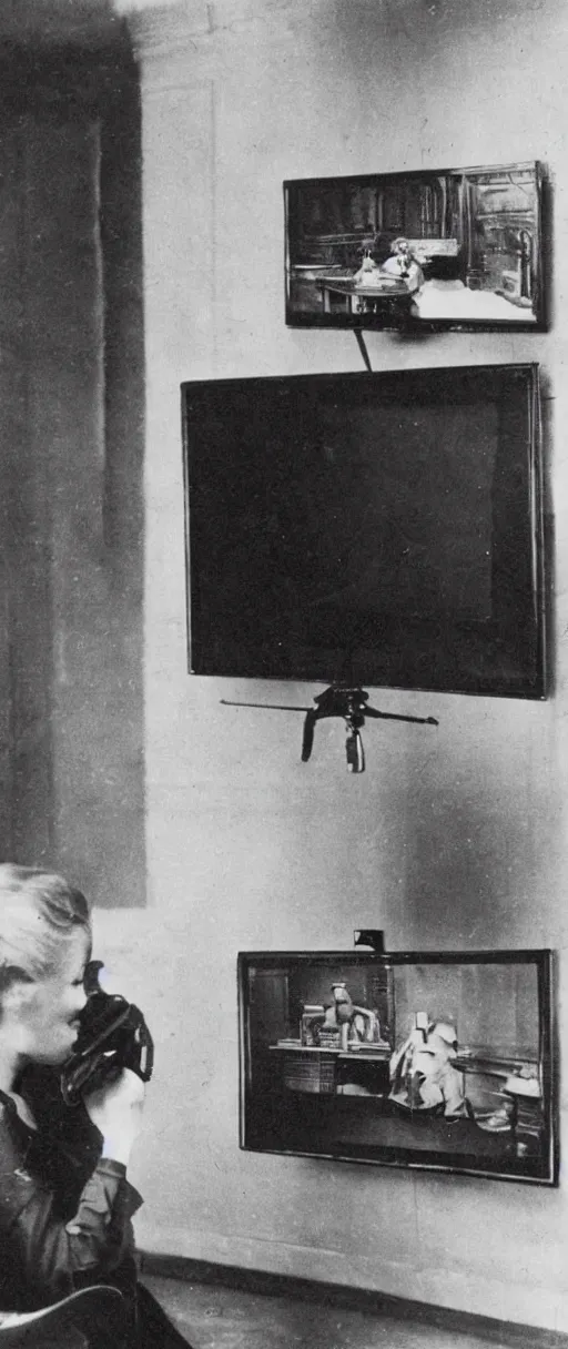 Image similar to 1 9 0 0 s photo of a person watching a flat screen hd tv