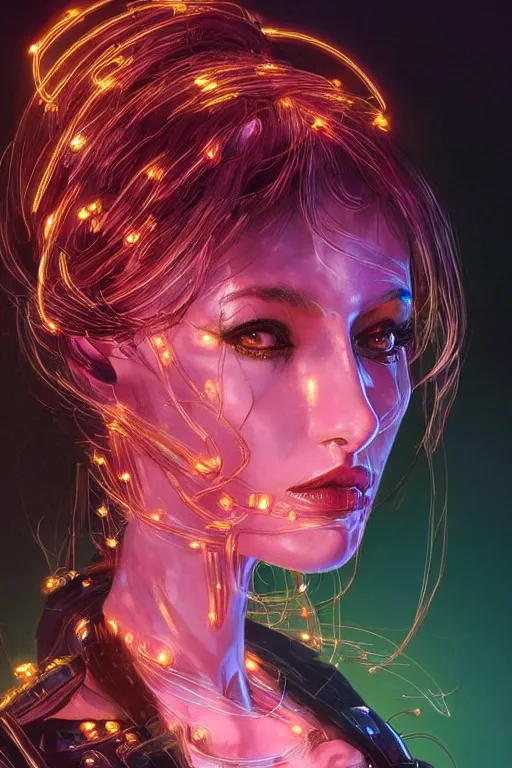 Image similar to portrait of female humanoid from 9 0 s era, intricate, elegant, neon lights, highly detailed, digital painting, artstation, glamor pose, concept art, smooth, sharp focus illustration, art by katsuhiro otomo