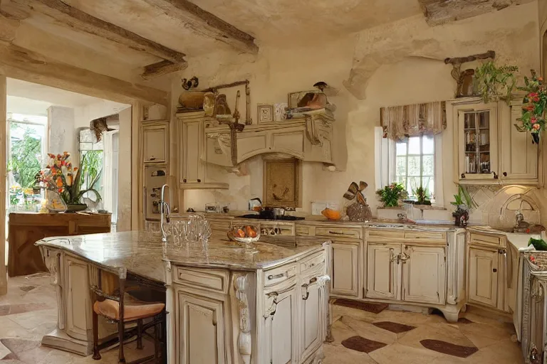 Image similar to interior photo of very very beautiful kitchen in provence style, photorealism,