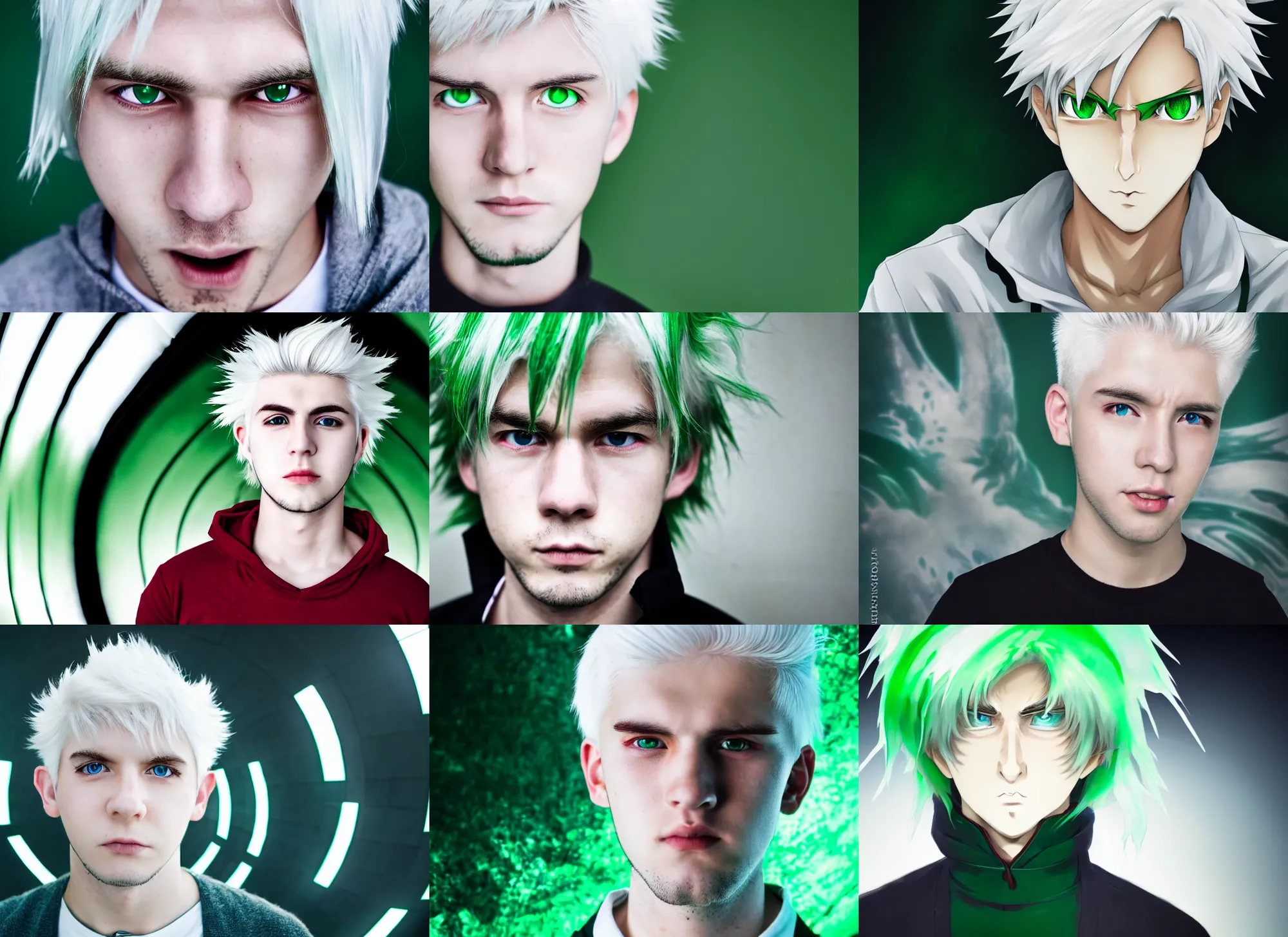 Prompt: white - haired young guy with green eyes, anime portrait, genshin impact, high quality, octane engine, very close shot, fisheye
